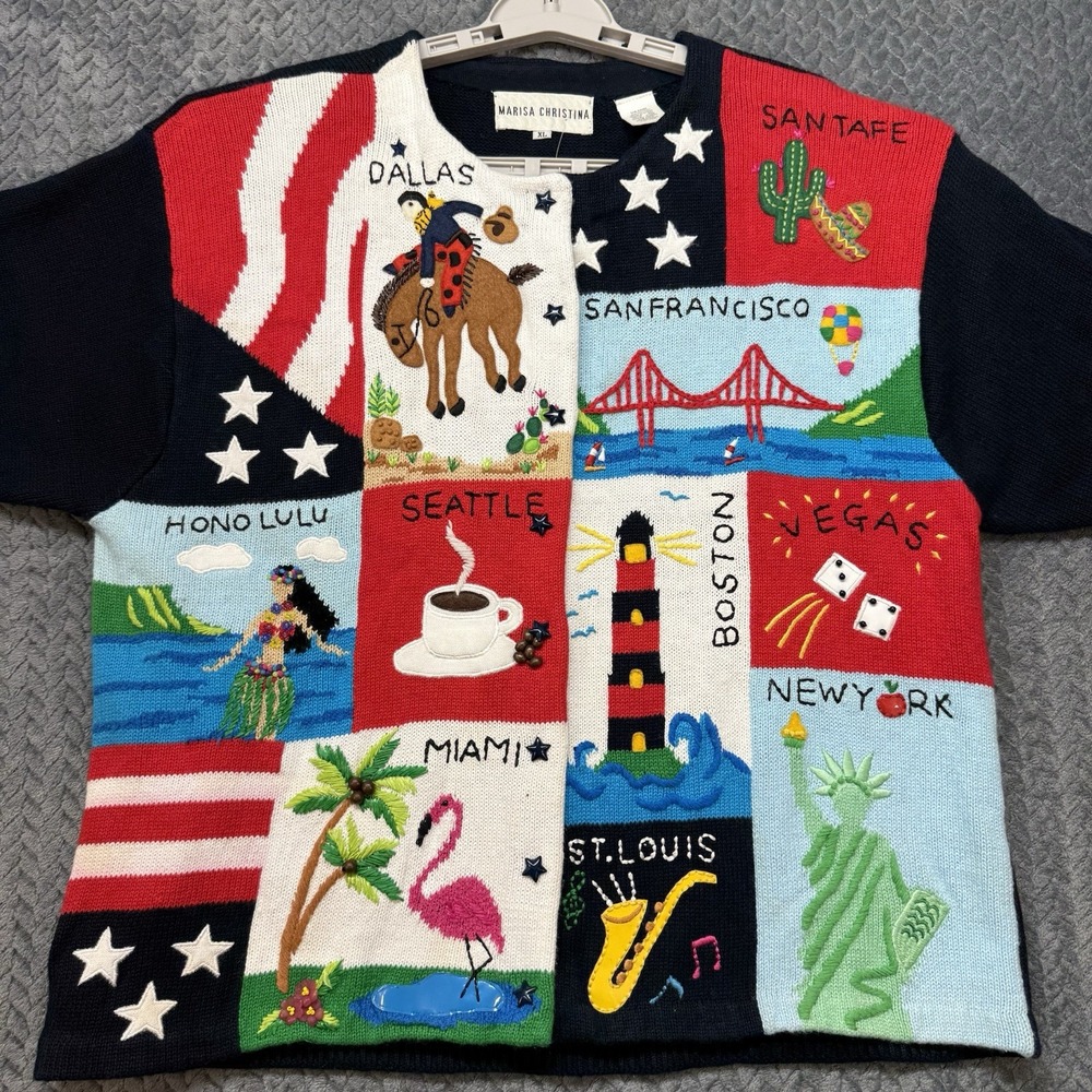 Vintage 90s Marisa Christina See The USA Sweater Women XL Applique Patriotic